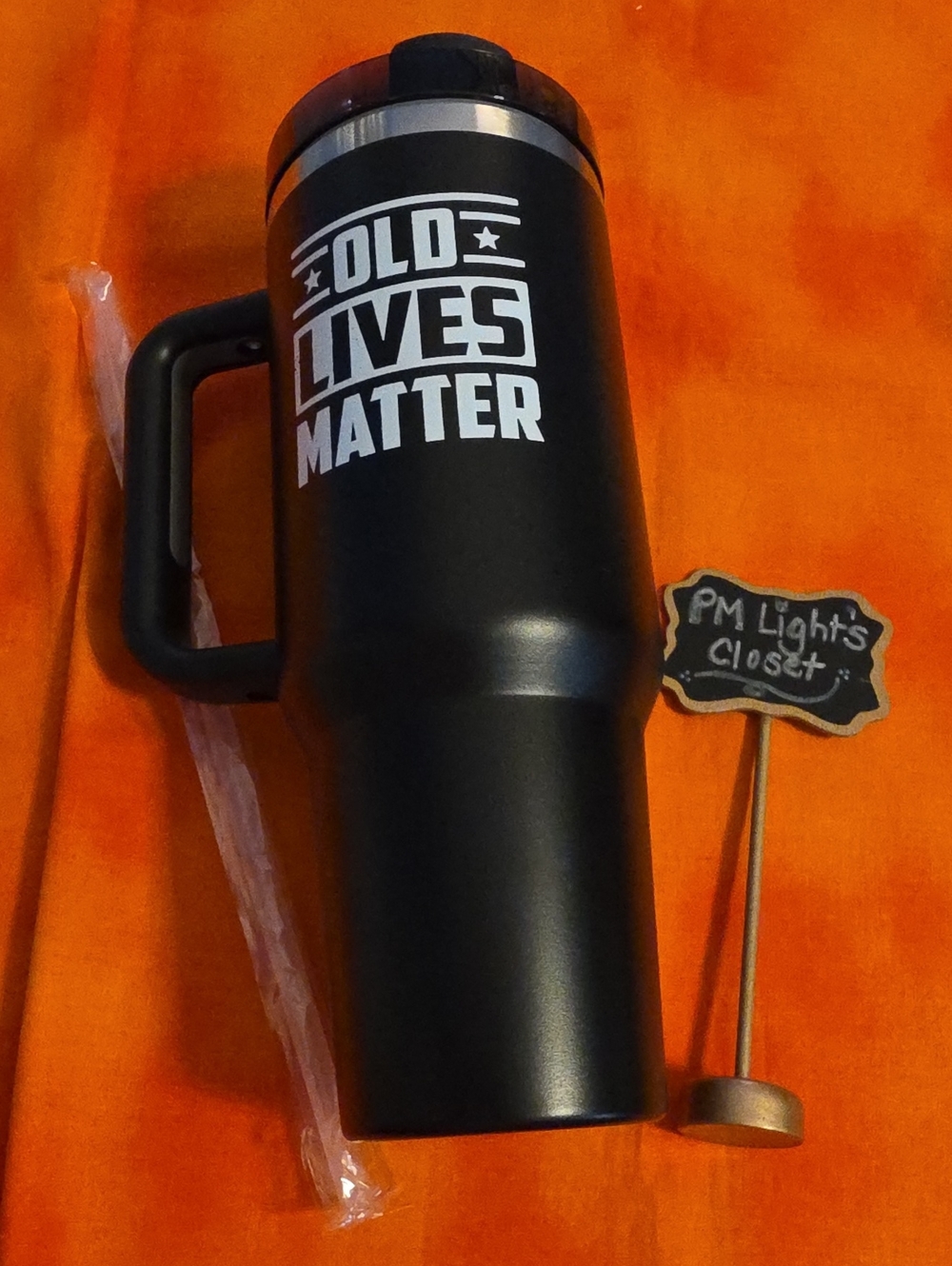 New Black Travel Tumbler with Handle "Old Lives Matter" American Flag Graphic